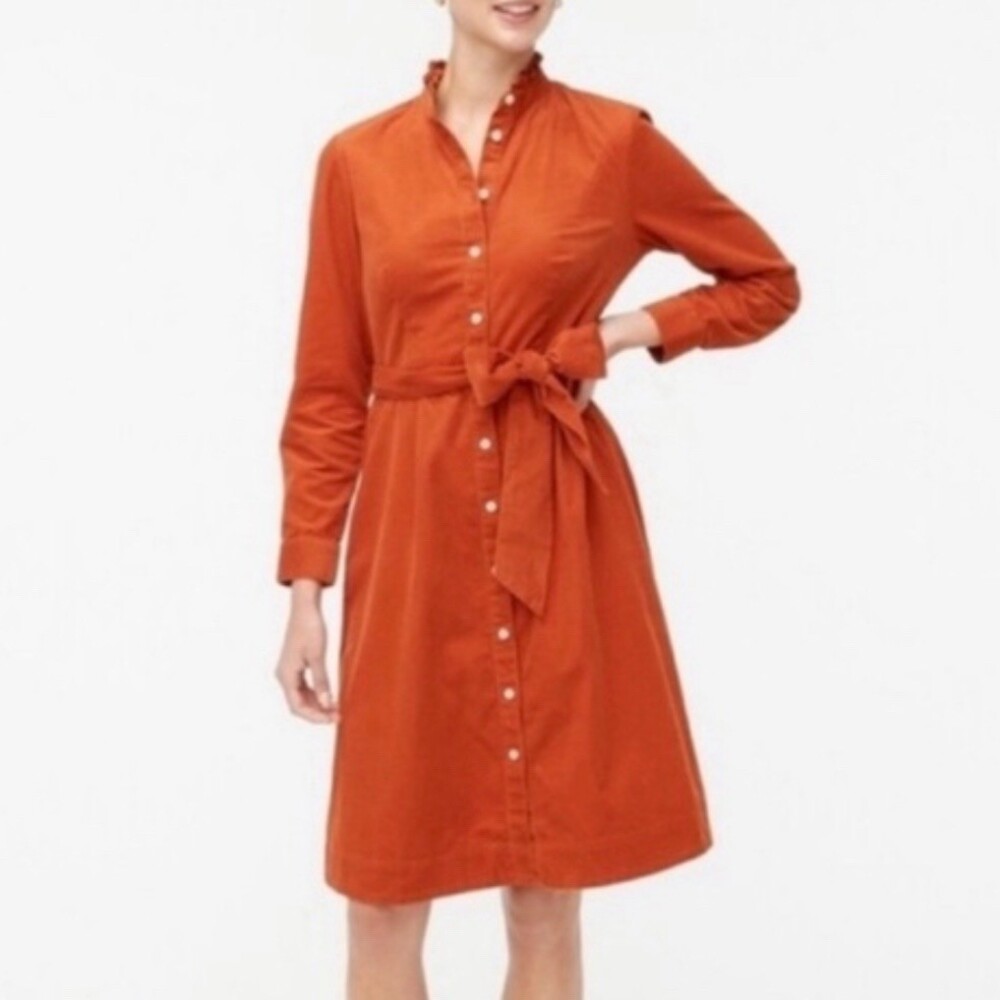 J.Crew Cotton Corduroy Shirt Dress Womens Size 10 Orange Midi Mock Neck Ruffle